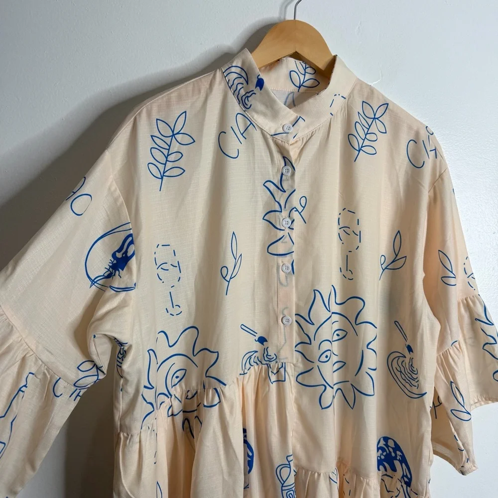 NWOT Commense‎ Ciao Wine Cream Blue Graphic Babydoll Ruffle Dress XL Oversized